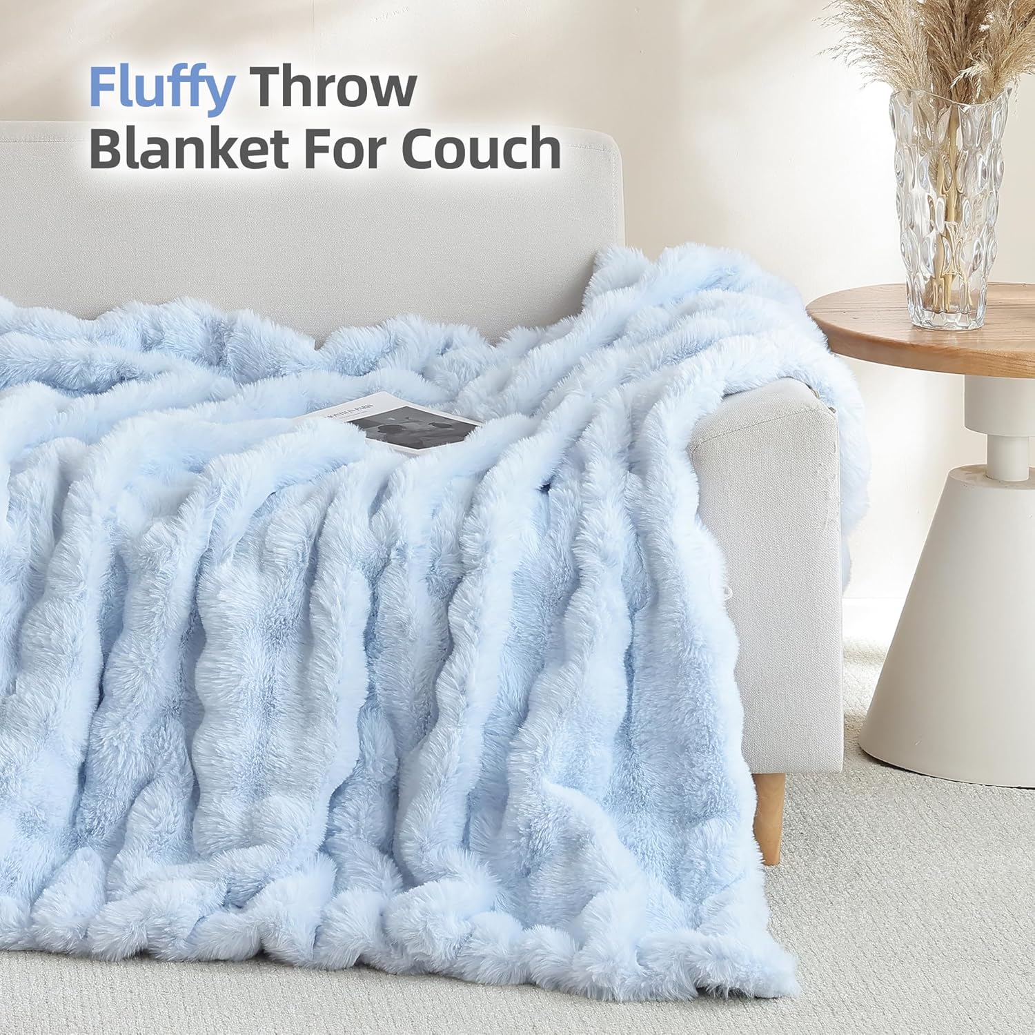 Smoofy Faux Fur Throw Blanket for Couch Rabbit Fleece - Light Blue Fluffy Blanket for Sofa Bedroom Living Room, Cozy Soft Plush Luxury Thick Winter Fuzzy Comfy Bubble Blanket - 60 x 80